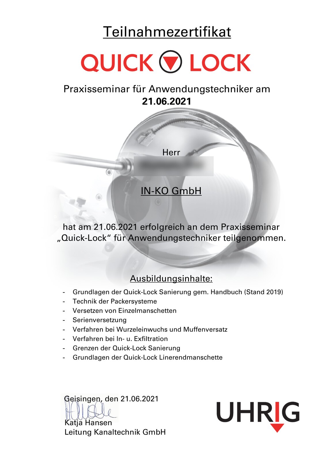 Teilnahmezertifikat QUICK-LOCK Praxisseminar für Anwendungstechniker