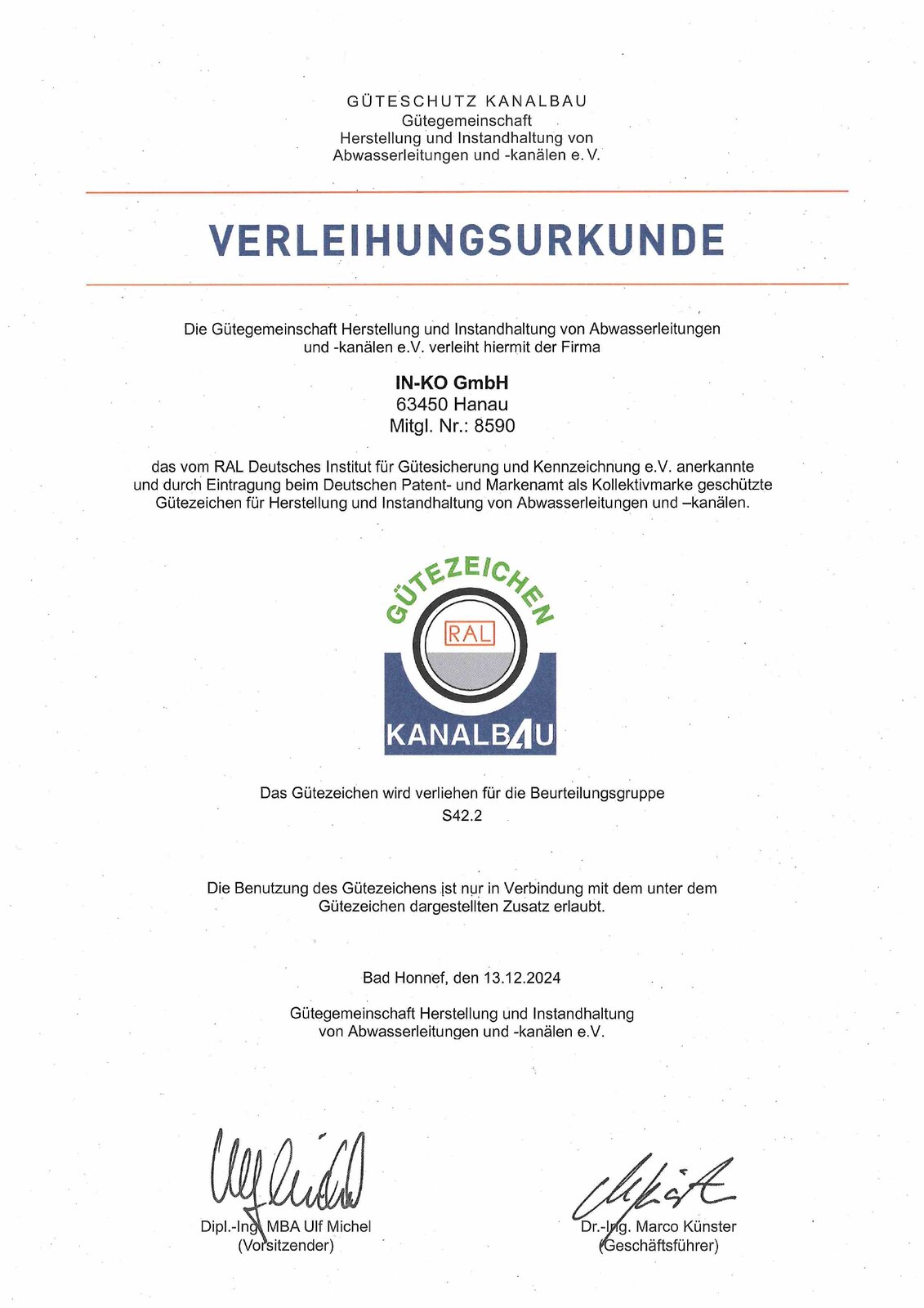 Güteschutz Kanalbau – Verleihungsurkunde Gütezeichen S 42.2