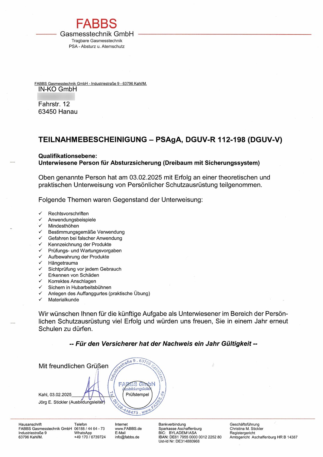 Teilnahmebescheinigung PSAgA – DGUV-R 112-198, Absturzsicherung