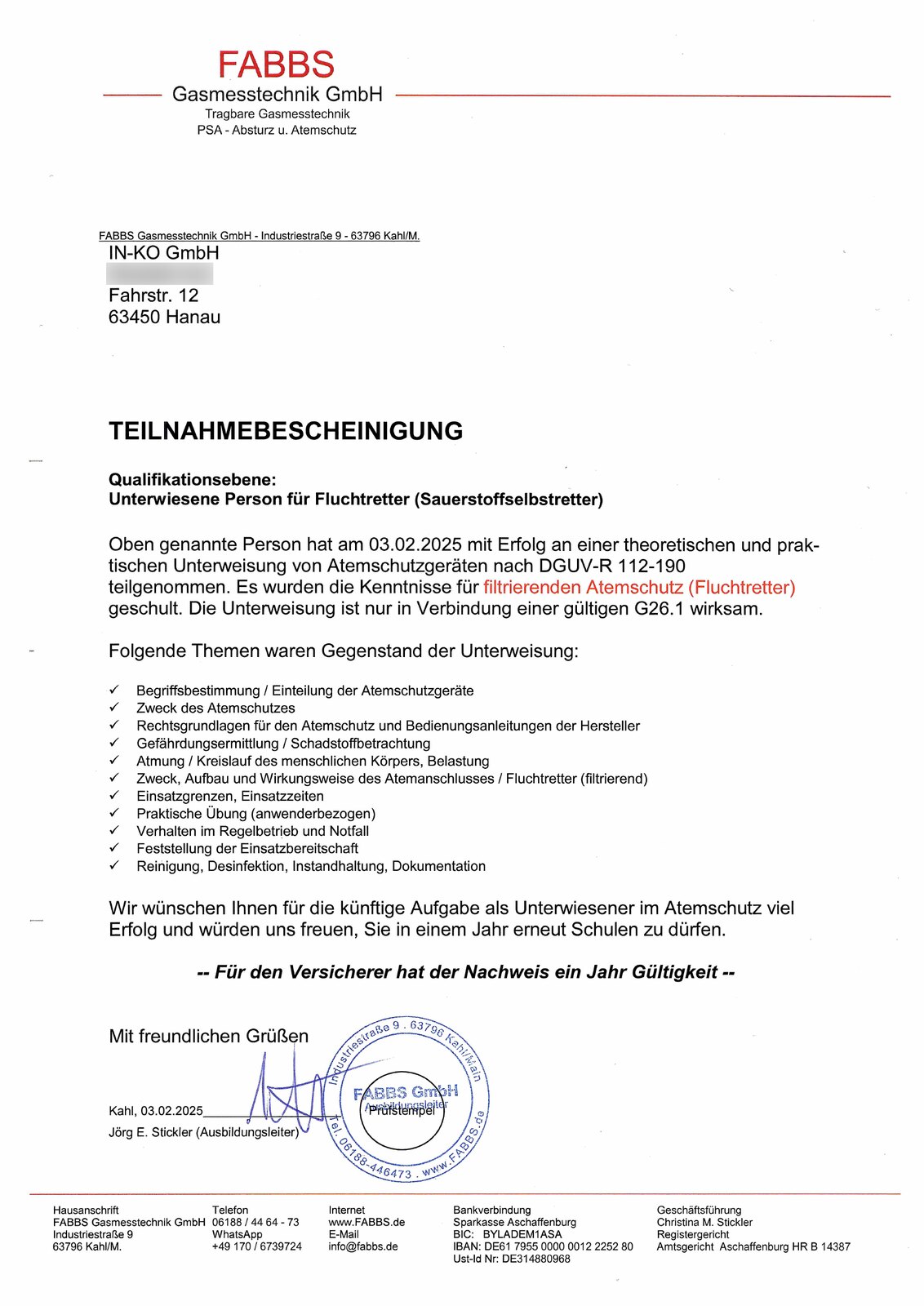 Teilnahmebescheinigung – Unterwiesene Person für Fluchtretter (Sauerstoffselbstretter)