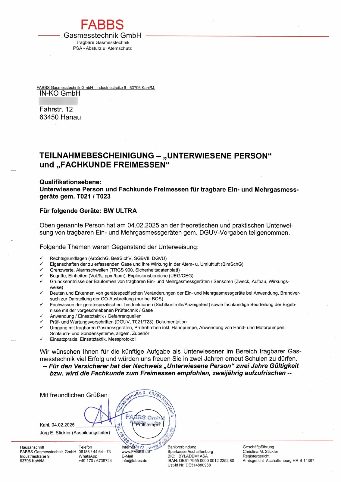 Teilnahmebescheinigung – Unterwiesene Person und Fachkunde Freimessen