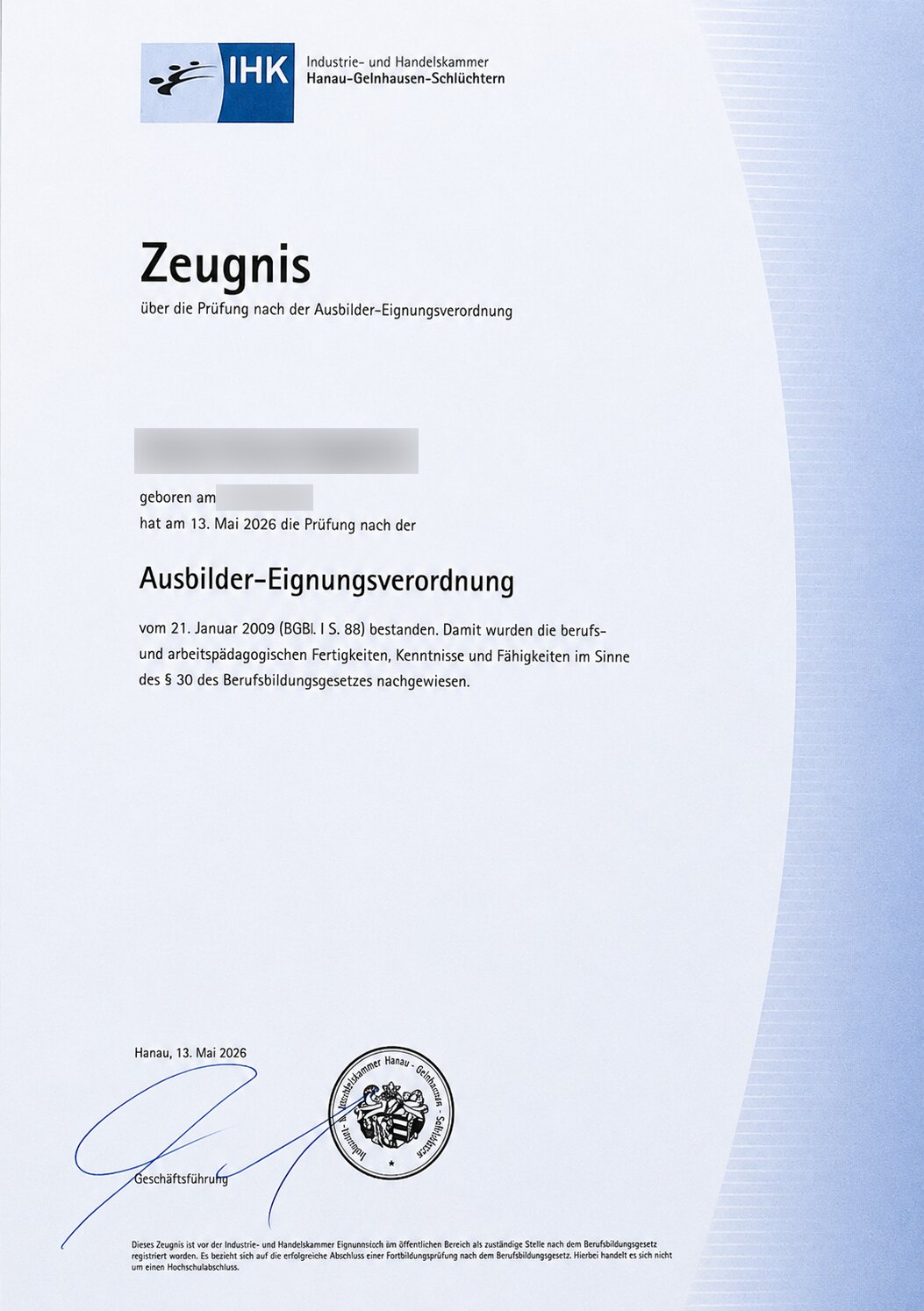 IHK Zeugnis – Ausbilder-Eignungsverordnung